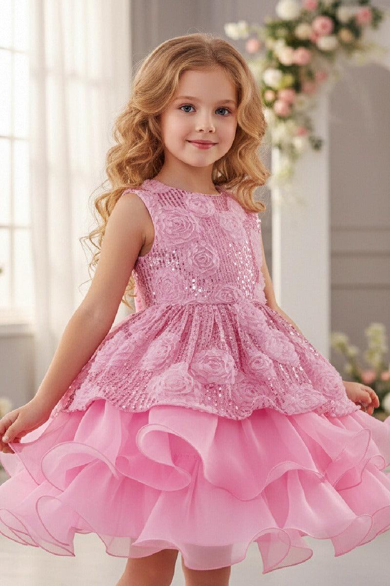 Sleeveless Round Neck Rosette Sequin Organza Flower Girl Dresses 1028863502898 - 7 Days / Pink / 110cm - COCOMELODY